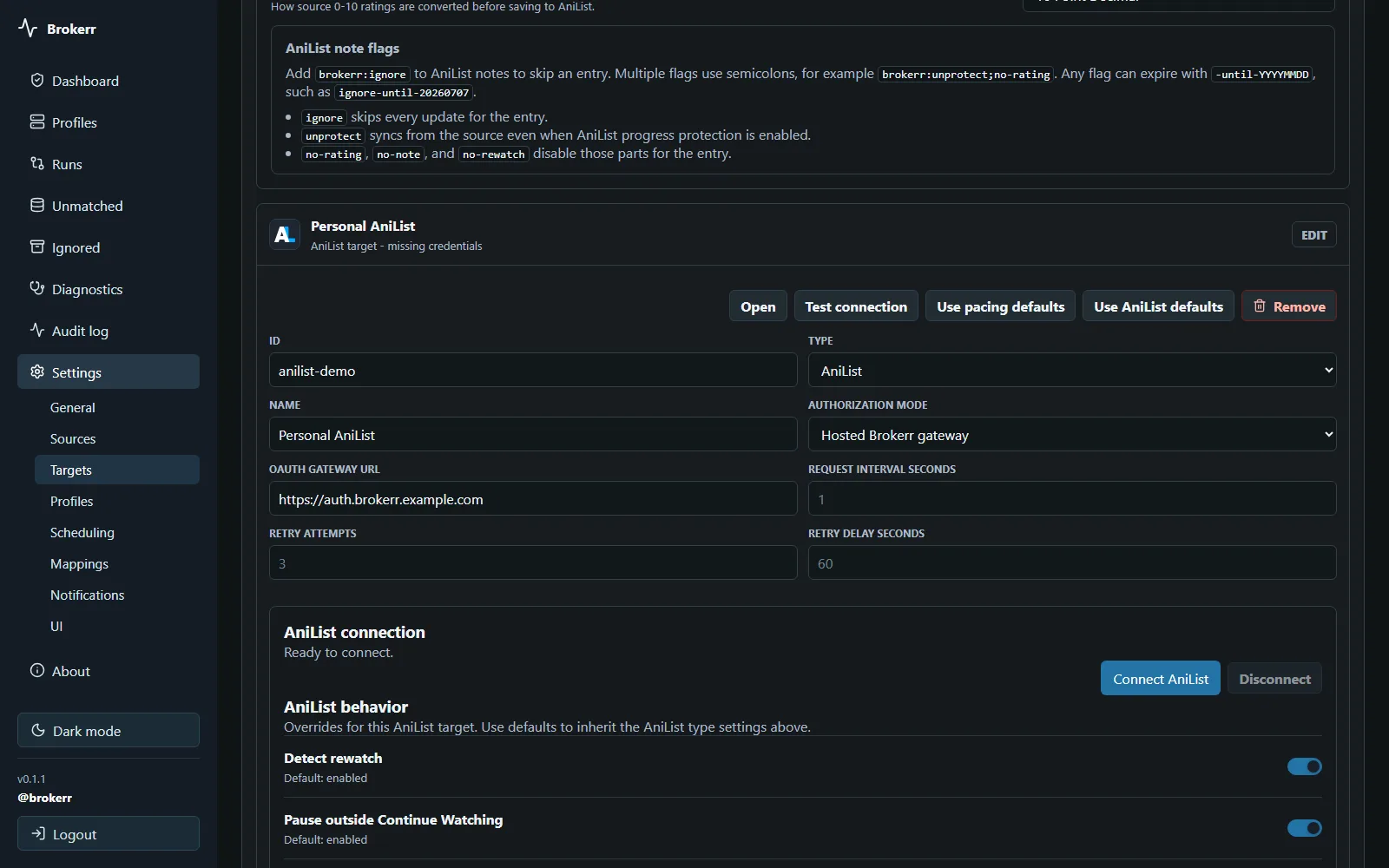 Sanitized Brokerr target settings showing hosted OAuth gateway mode