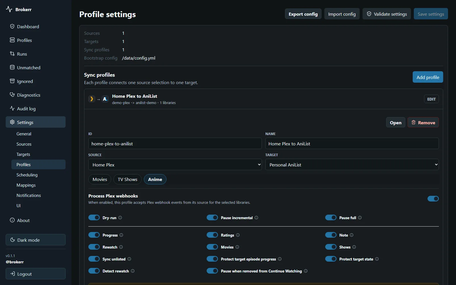 Sanitized Brokerr profile settings showing sync rules and scheduling controls